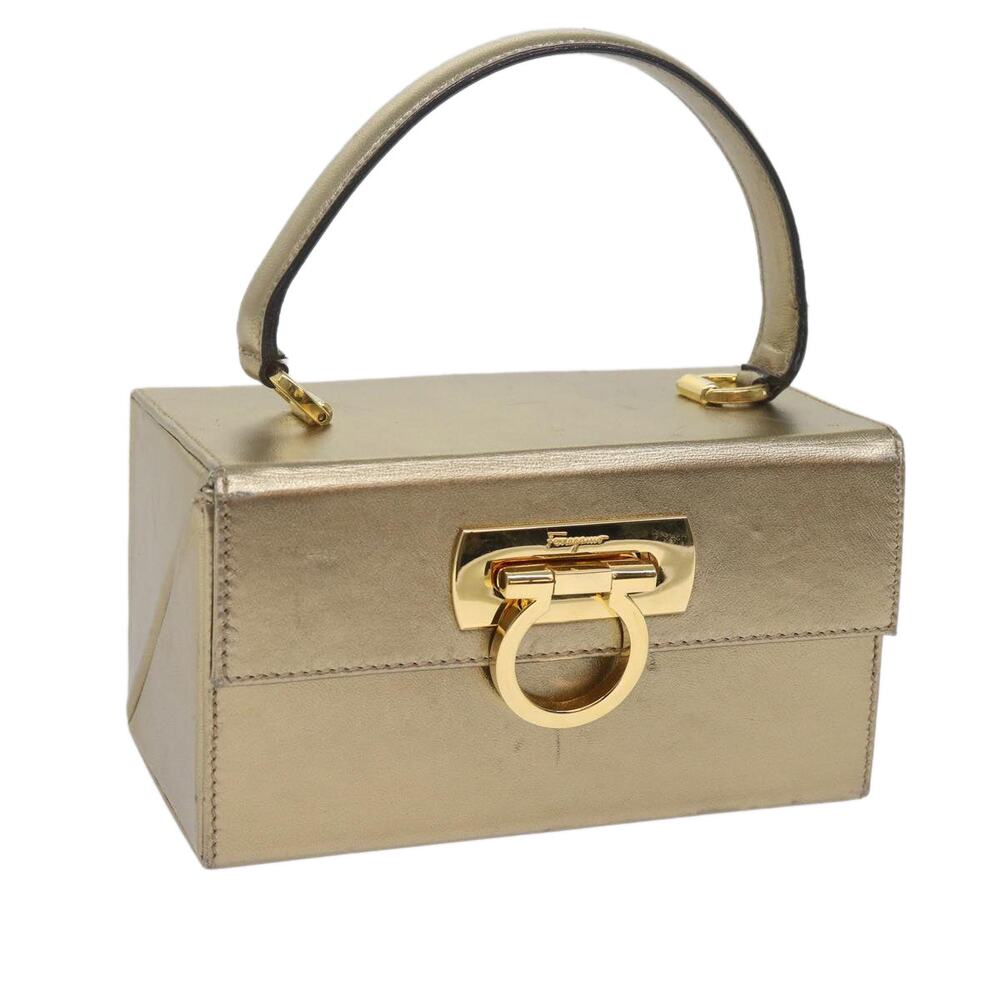 Salvatore Ferragamo Gancini Hand Bag Leather Gold Tone